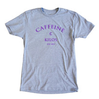 caffine and kilos arch logo grey and purple Tee